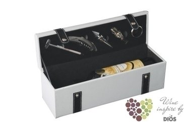 Wood box  Black &amp; White leather  for 1 bottle of wine with accessory set