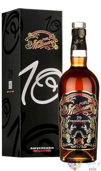 Millonario „ 10 anniversario reserva ” gift box aged rum of Peru 40% vol.  0.70 l