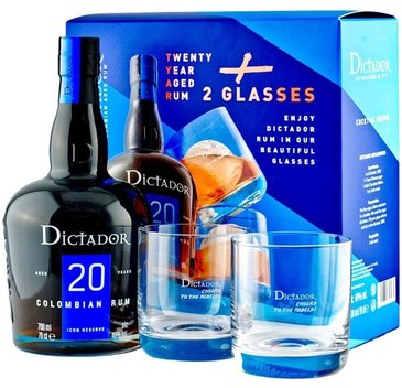Dictador  Icon reserve  2 glass blue set aged 20 years Colombian rum 40% vol.   0.70 l