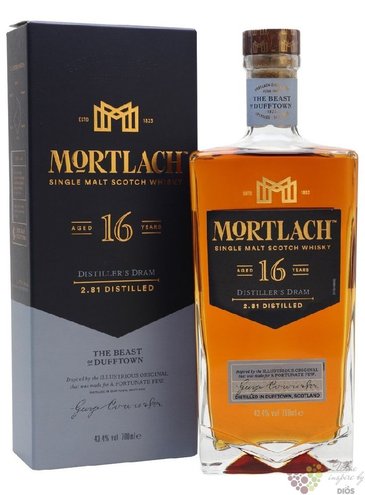 Mortlach  Distillers dram 2.81 dist.  aged 16 years Speyside whisky 43.4% vol.  0.70 l