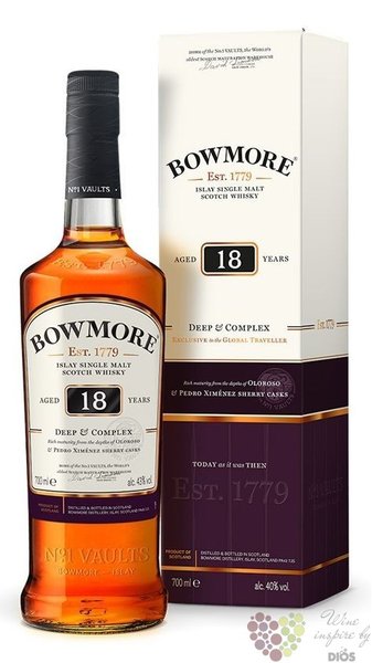 Bowmore  Deep &amp; complex  aged 18 years single malt Islay whisky 43% vol.  0.70 l