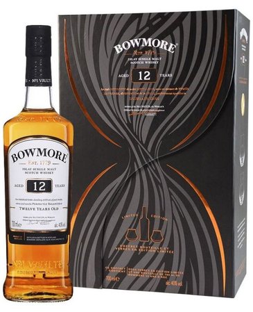 Bowmore 12 years glass set old single malt Islay whisky 40% vol.  0.70 l