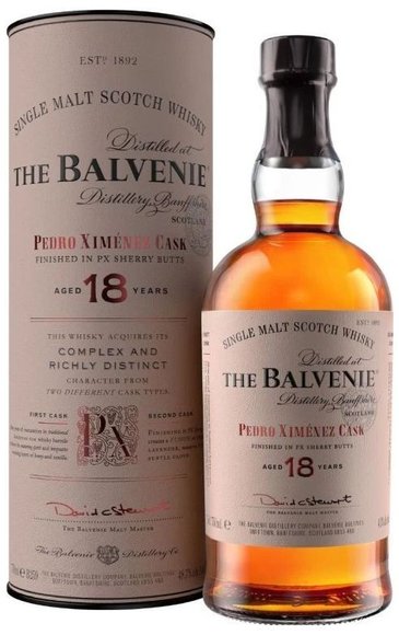 Balvenie  Pedro Ximnez cask  aged 18 years Speyside single malt whisky  48.7% vol.  0.70 l