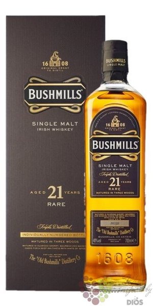 Bushmills  Three woods  aged 21 years single malt Irish whiskey 40%vol.  0.70l
