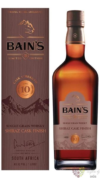 Bains  Shiraz cask  aged 10 years Grain whisky James Sedgwick 62.8 % vol.  1.00 l