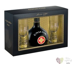 Unicum glass set Hungarian herbal liqueur by Zwack 40% vol.  0.50 l